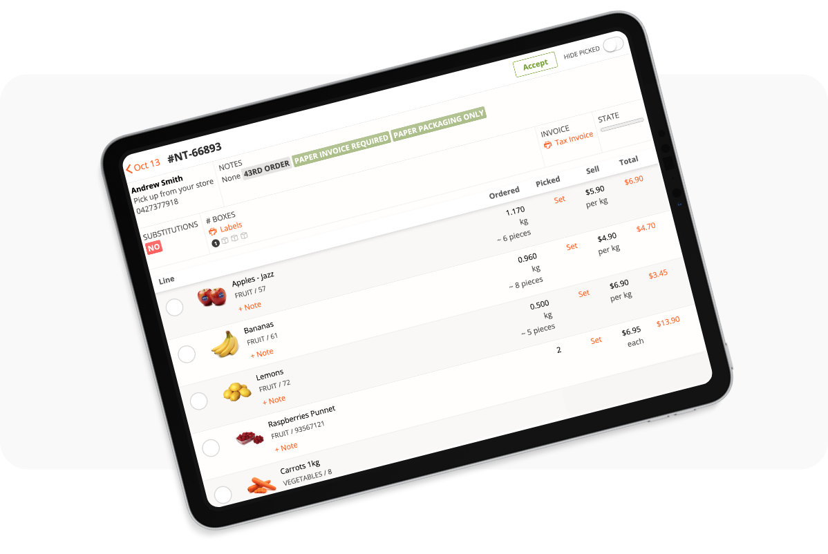 Tablet using Myfoodlink feature to pick groceries on supermarket and grocery stores