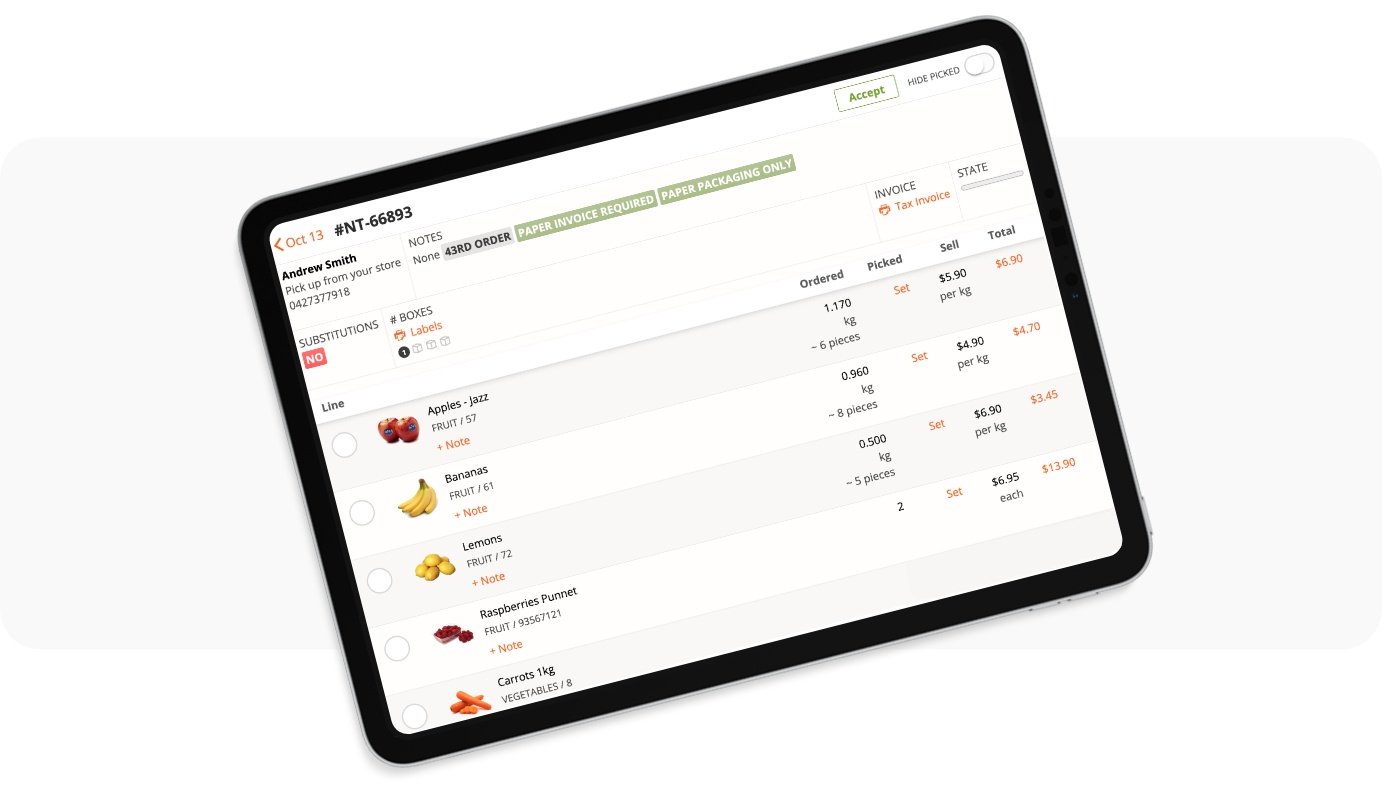 Using the Myfoodlink system on an iPad, the picking mode is available